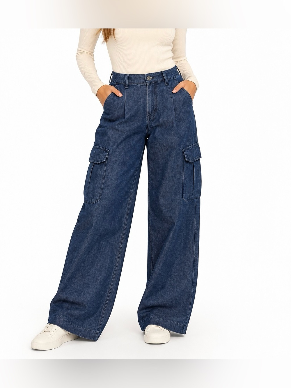 Wide Leg Cargo Denim Jeans - Dark Blue